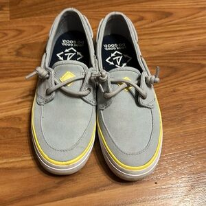 Grey with yellow sperrys size 5.5